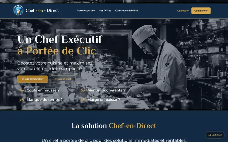 Page d'accueil de chef-en-direct.com, plateforme de mise en relation culinaire.