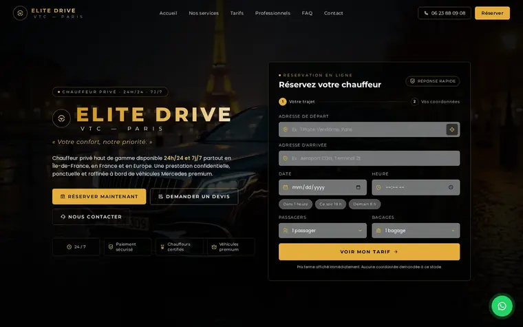 Page d'accueil de drivebyelite.fr, réservation de chauffeur privé.