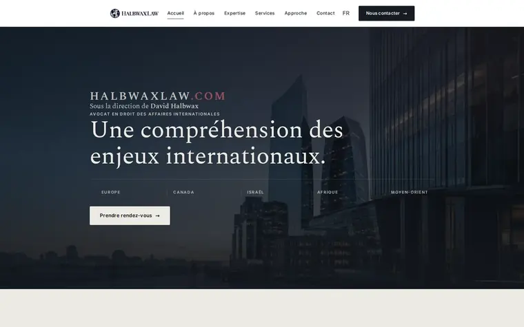 Page d'accueil de halbwaxlaw.com, cabinet d'avocat en droit des affaires.