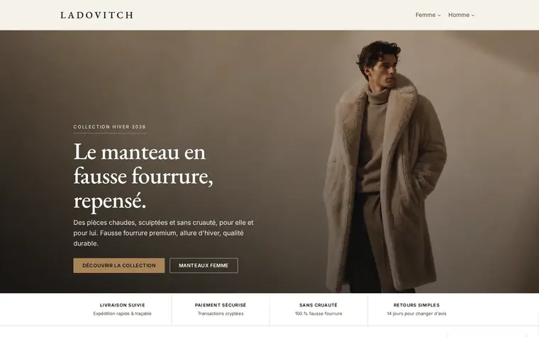 Page d'accueil de ladovitch.com, boutique de mode premium.